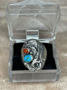Source Unknown Silver Eagle Ring with Turquoise and Coral Stones